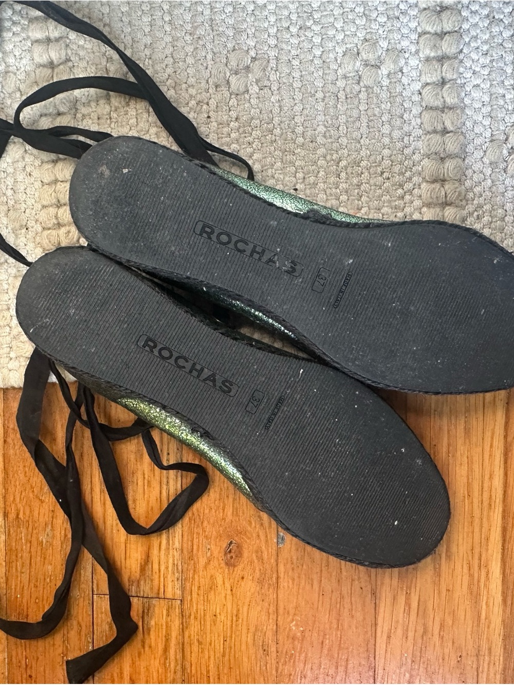 Rochas Metallic Green Glitter Lace-Up Ballet Flats - Picture 3 of 5